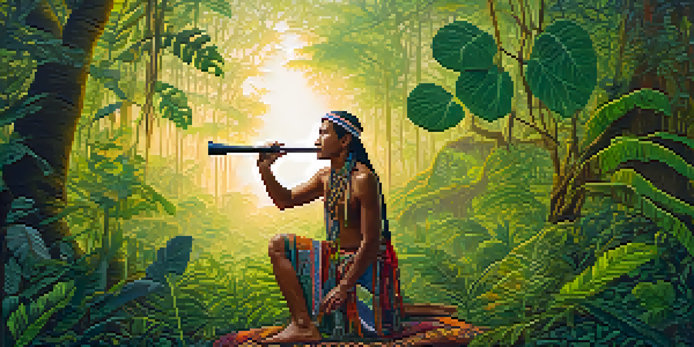 An Amazon rainforest at dawn with a Shipibo shaman playing a flute amidst lush greenery and mist.