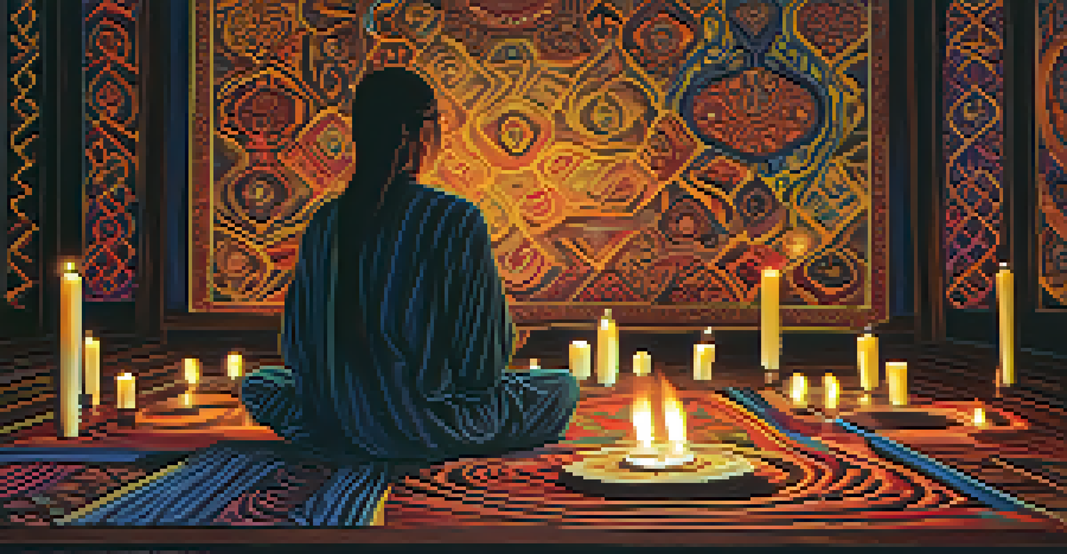 A participant sitting cross-legged during an Ayahuasca ceremony in a dimly lit room, surrounded by swirling colorful patterns and nature elements.