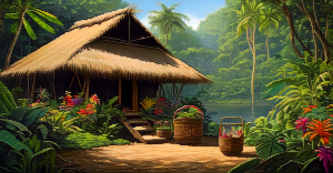 A tranquil Amazonian jungle with indigenous people preparing ayahuasca in a small wooden hut surrounded by lush greenery and vibrant flowers.
