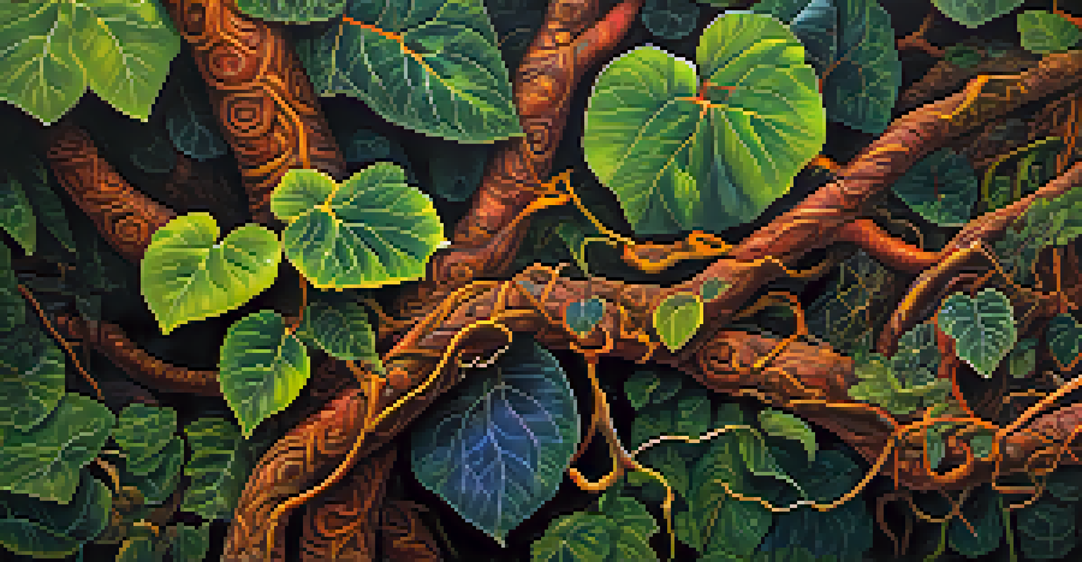 A close-up of the Banisteriopsis caapi vine and surrounding plants used in Ayahuasca, highlighting textures and colors.
