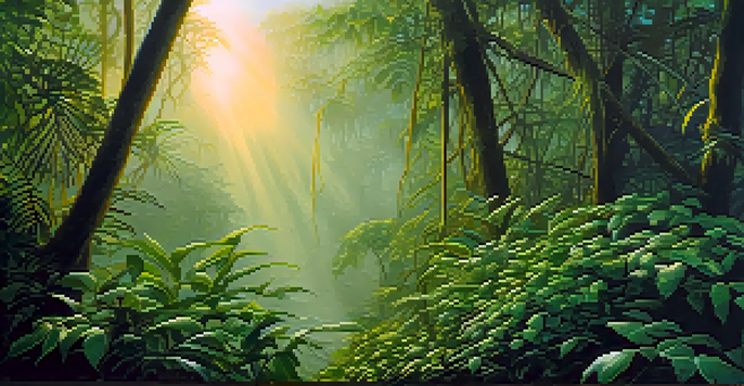 A tranquil view of the Amazon rainforest at dusk, highlighting the lush green vines and leaves, with soft golden light and mist creating a magical atmosphere.