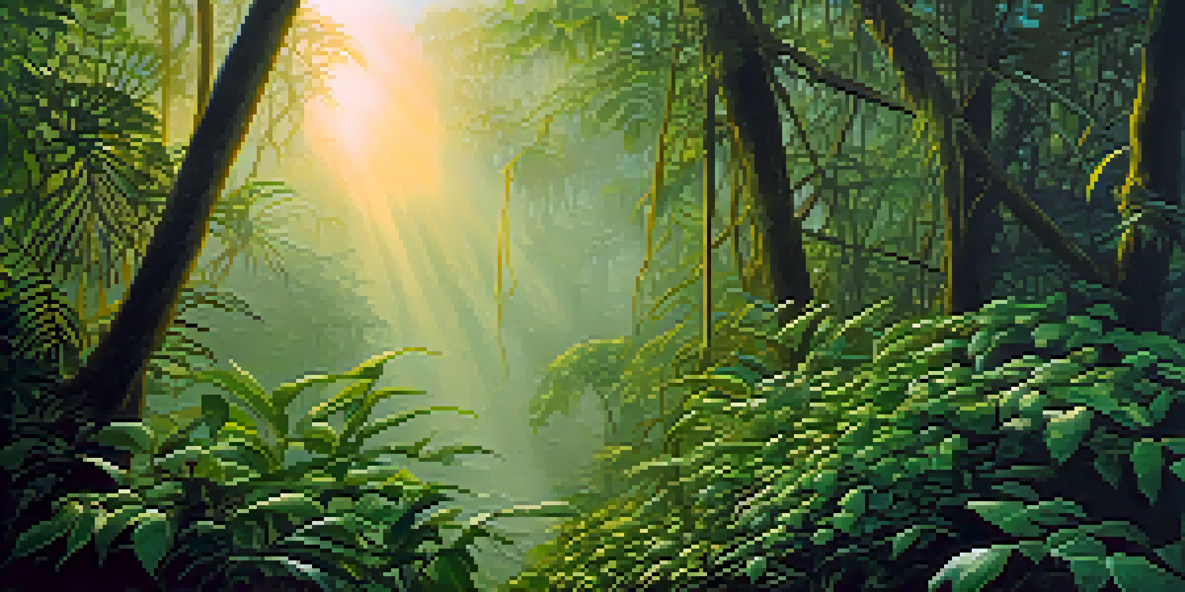 A tranquil view of the Amazon rainforest at dusk, highlighting the lush green vines and leaves, with soft golden light and mist creating a magical atmosphere.