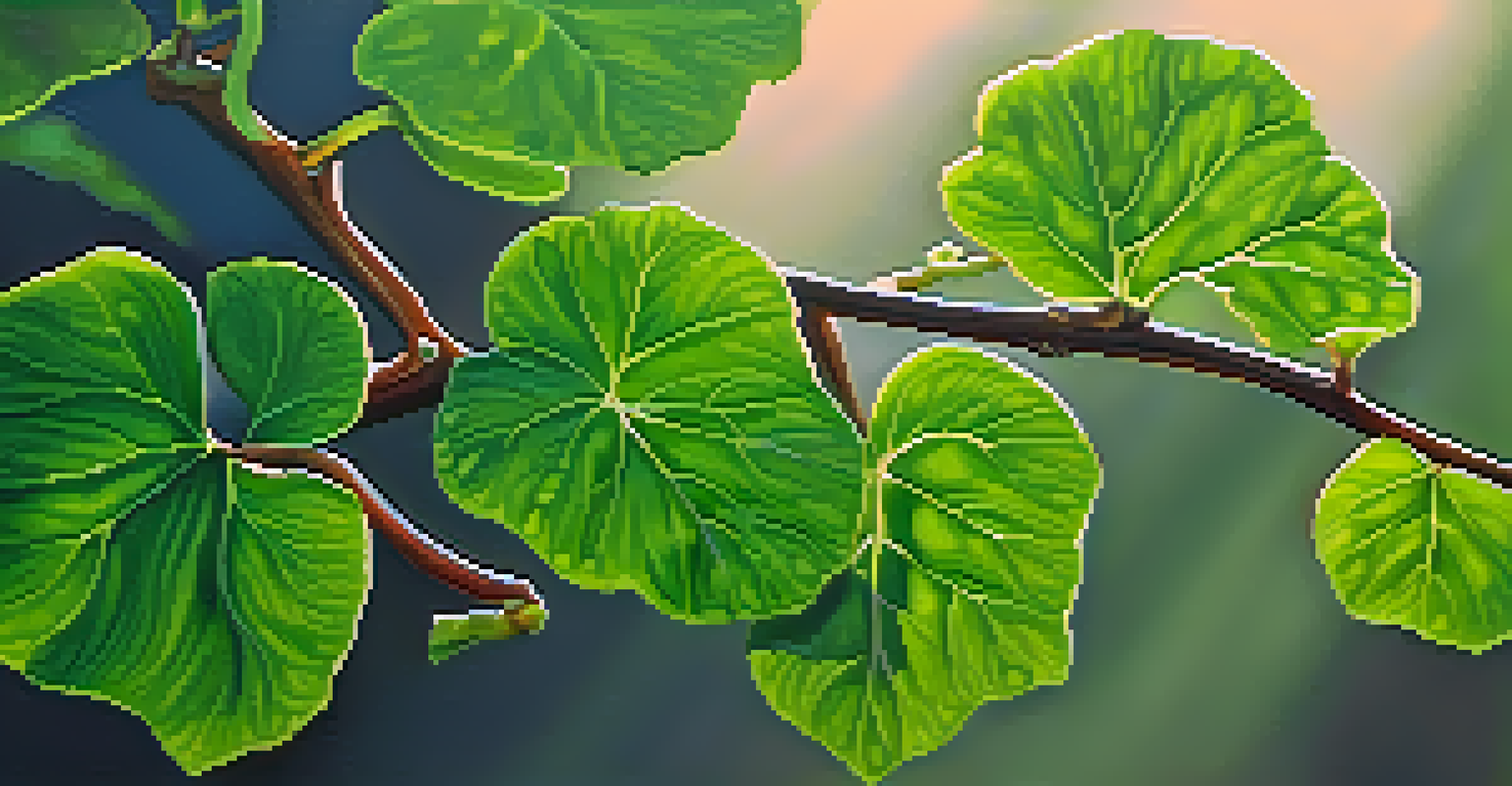 A close-up of the Banisteriopsis caapi vine with textured bark and vibrant green leaves, illuminated by dappled sunlight.