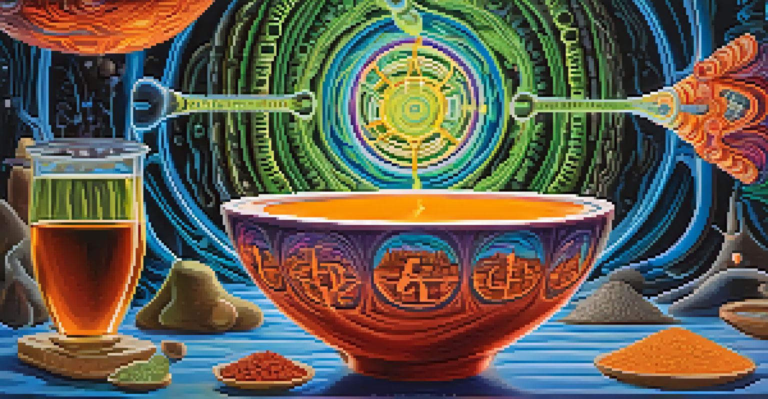 An artistic visualization of DMT and MAOIs chemical structures against a backdrop of ayahuasca brew.