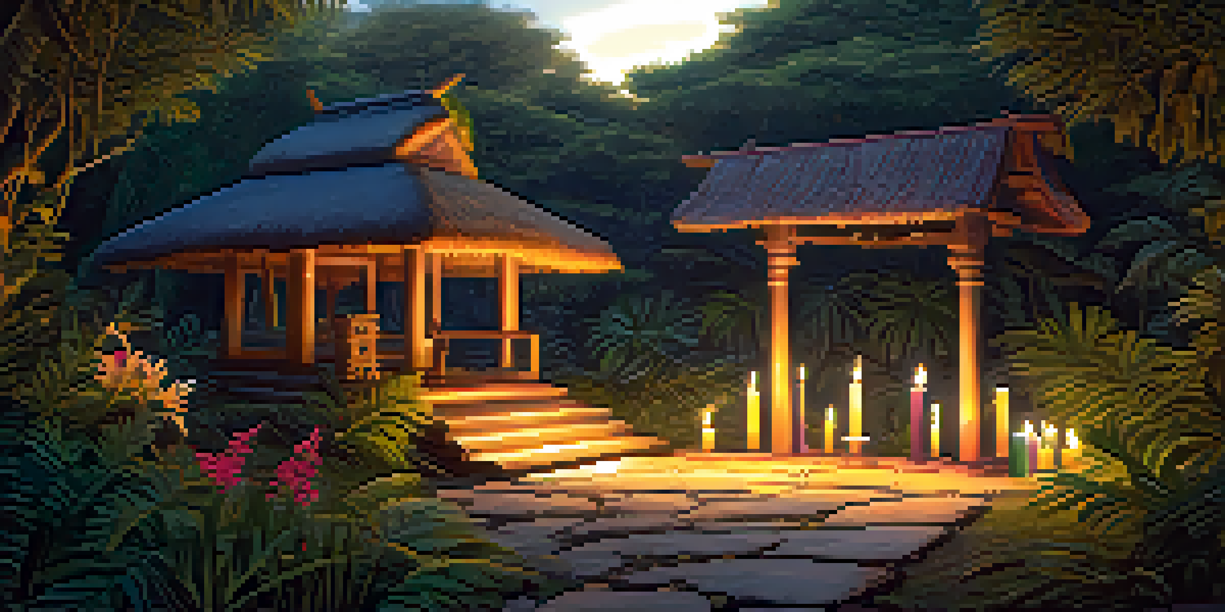 A peaceful jungle scene with a wooden hut and an altar surrounded by vibrant flowers and candles, illuminated by soft golden light.
