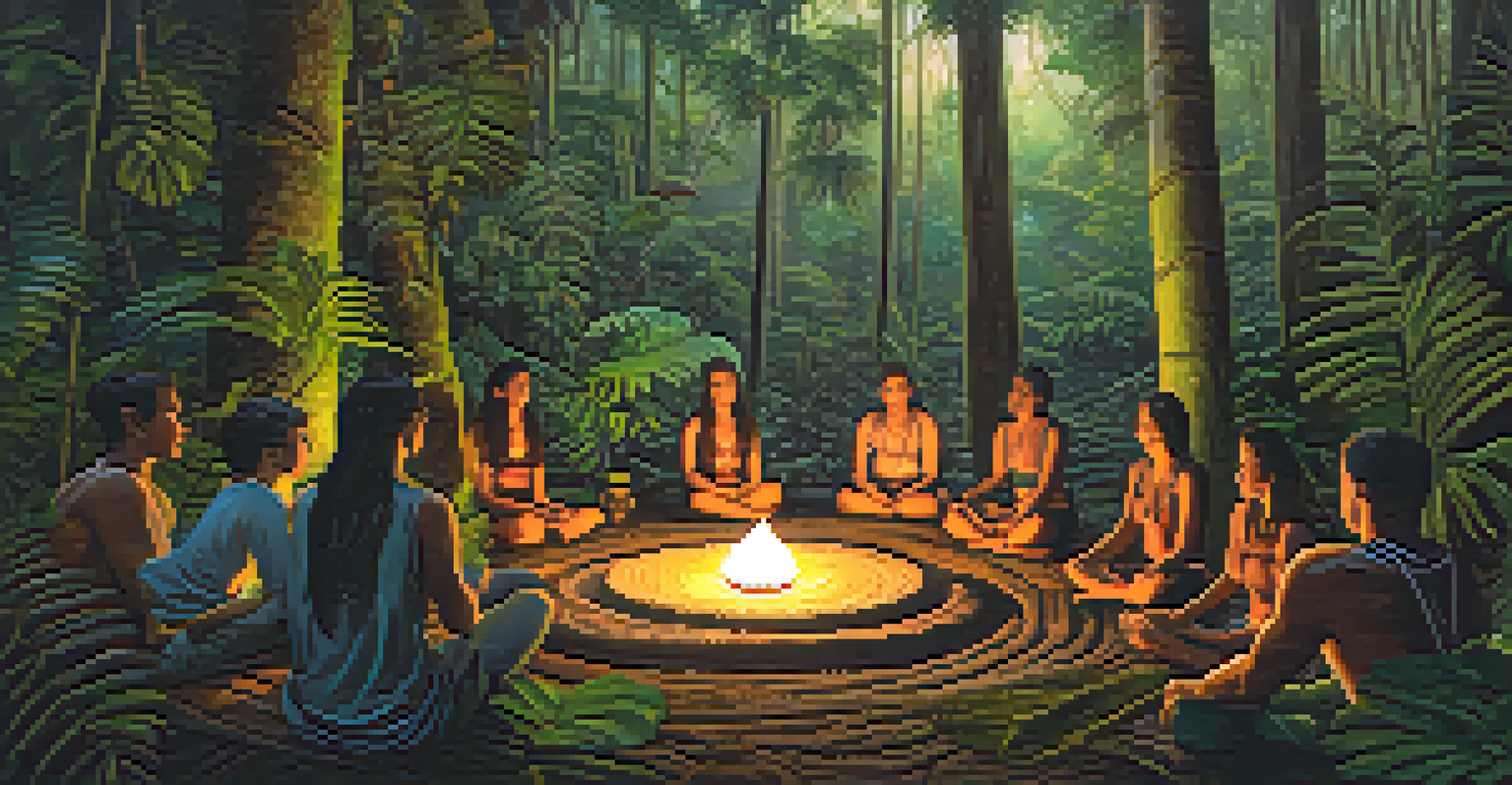 Participants sitting in a circle during an ayahuasca ceremony in a rainforest, with soft lighting and natural surroundings.