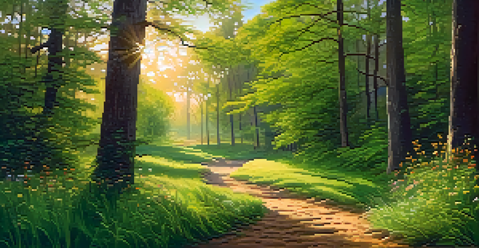 A peaceful forest with sunlight filtering through the leaves and a winding path covered in grass and wildflowers.