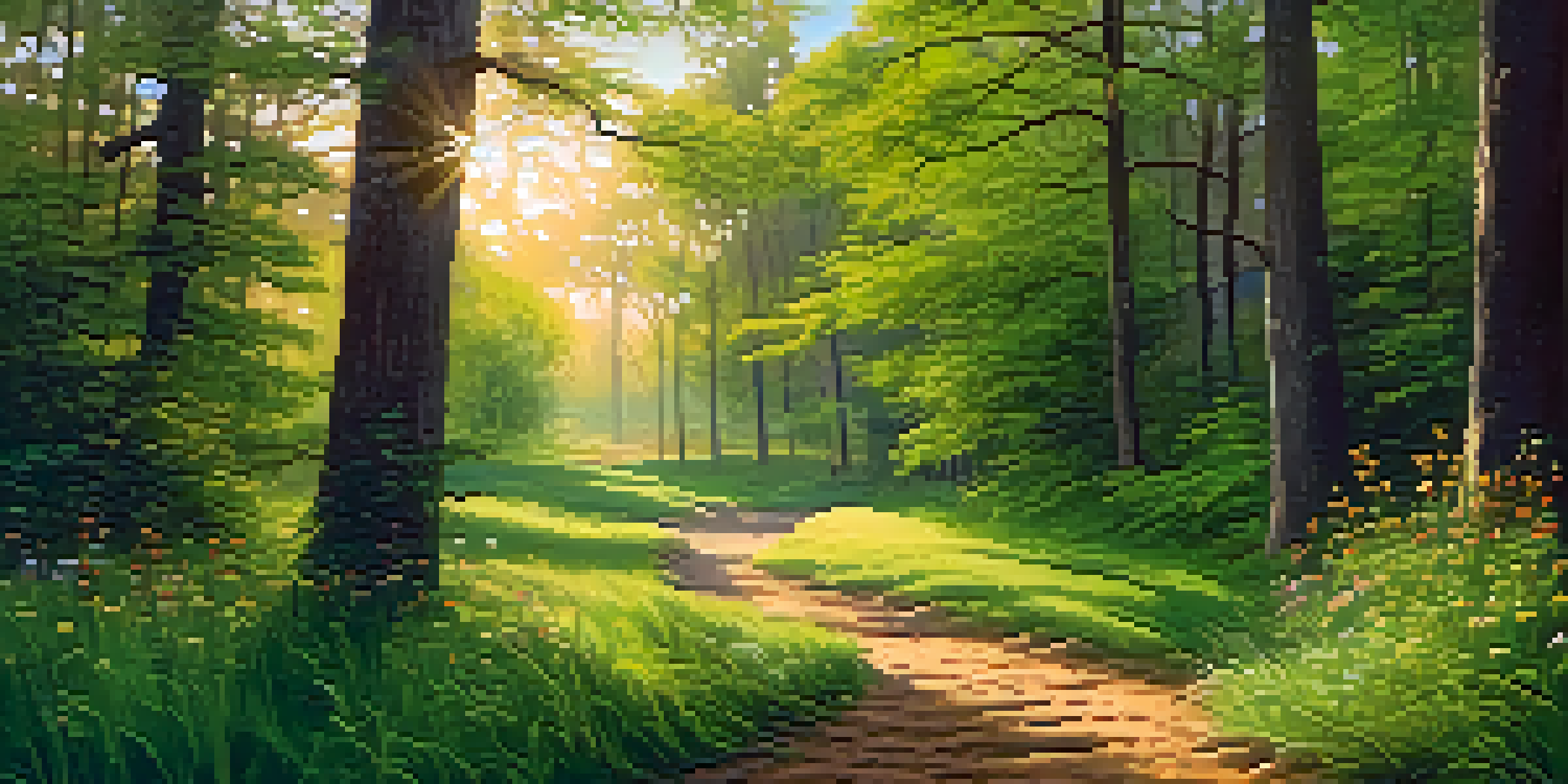 A peaceful forest with sunlight filtering through the leaves and a winding path covered in grass and wildflowers.