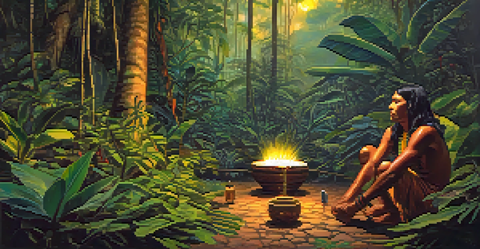 A peaceful Amazon rainforest at dusk with a shaman preparing Ayahuasca, surrounded by lush greenery and colorful flowers.