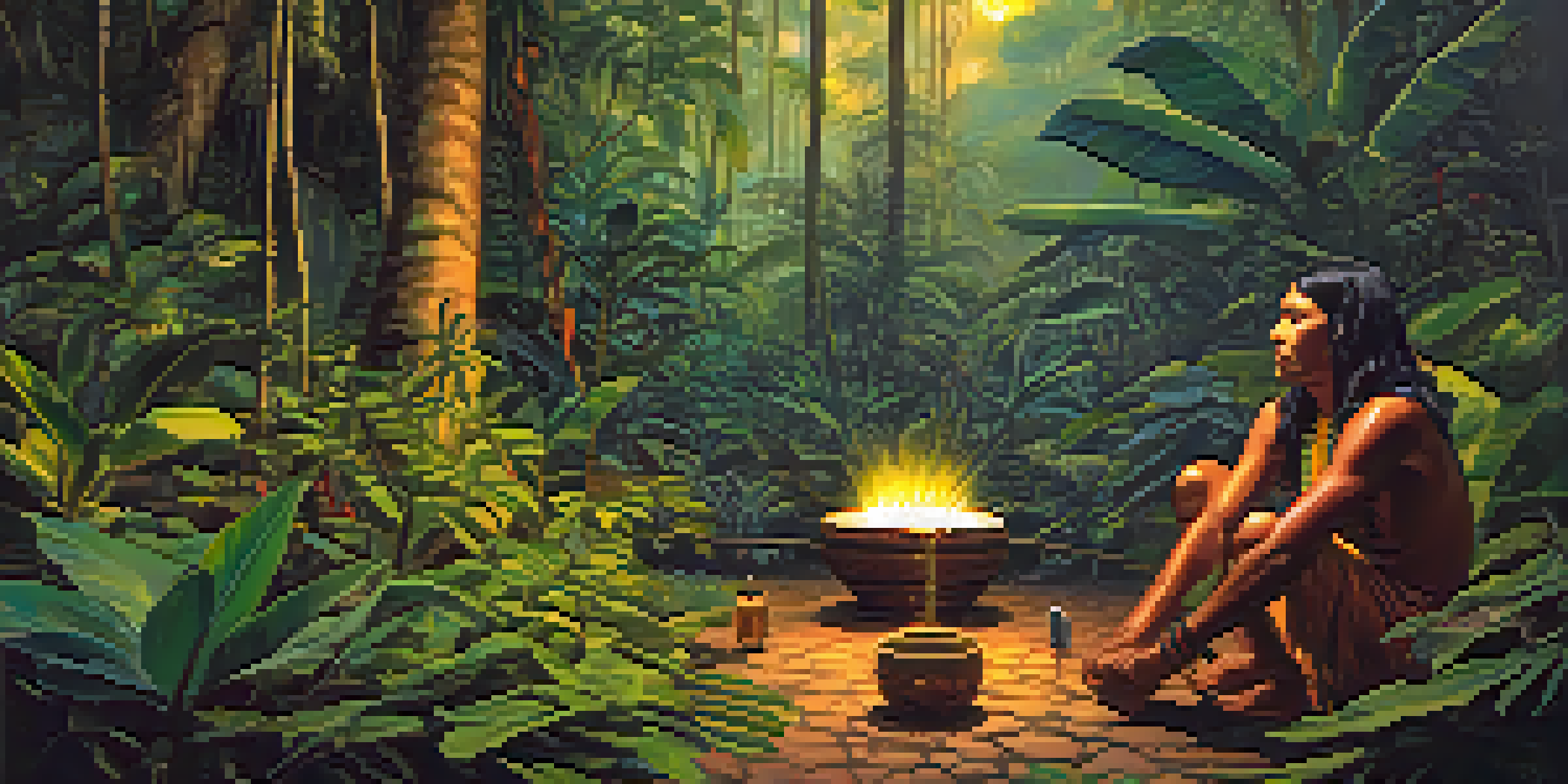 A peaceful Amazon rainforest at dusk with a shaman preparing Ayahuasca, surrounded by lush greenery and colorful flowers.