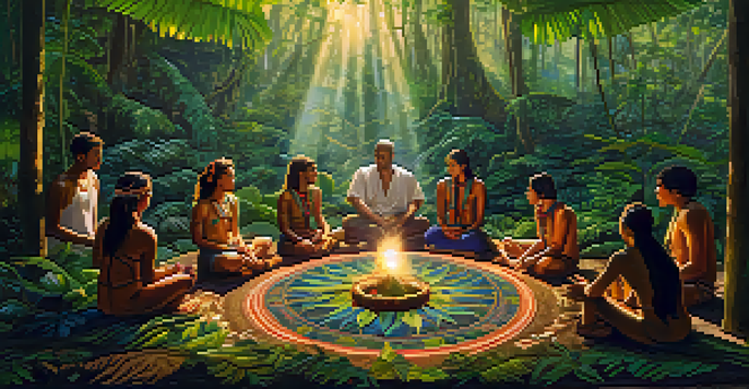 A group of participants in a circle during an Ayahuasca ceremony in the Amazon rainforest, surrounded by lush greenery and sunlight.