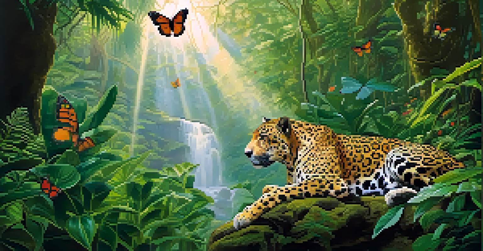 A mystical jungle landscape with green foliage, sunlight, a jaguar in the foreground, and butterflies representing rebirth.