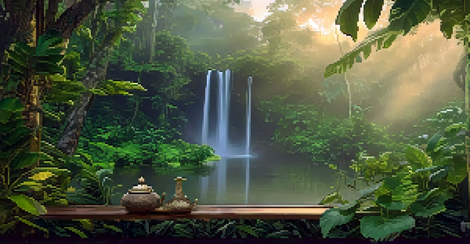 A peaceful Amazon rainforest at dawn with a traditional Ayahuasca brew on a wooden table, surrounded by vines and leaves, illuminated by soft golden light.