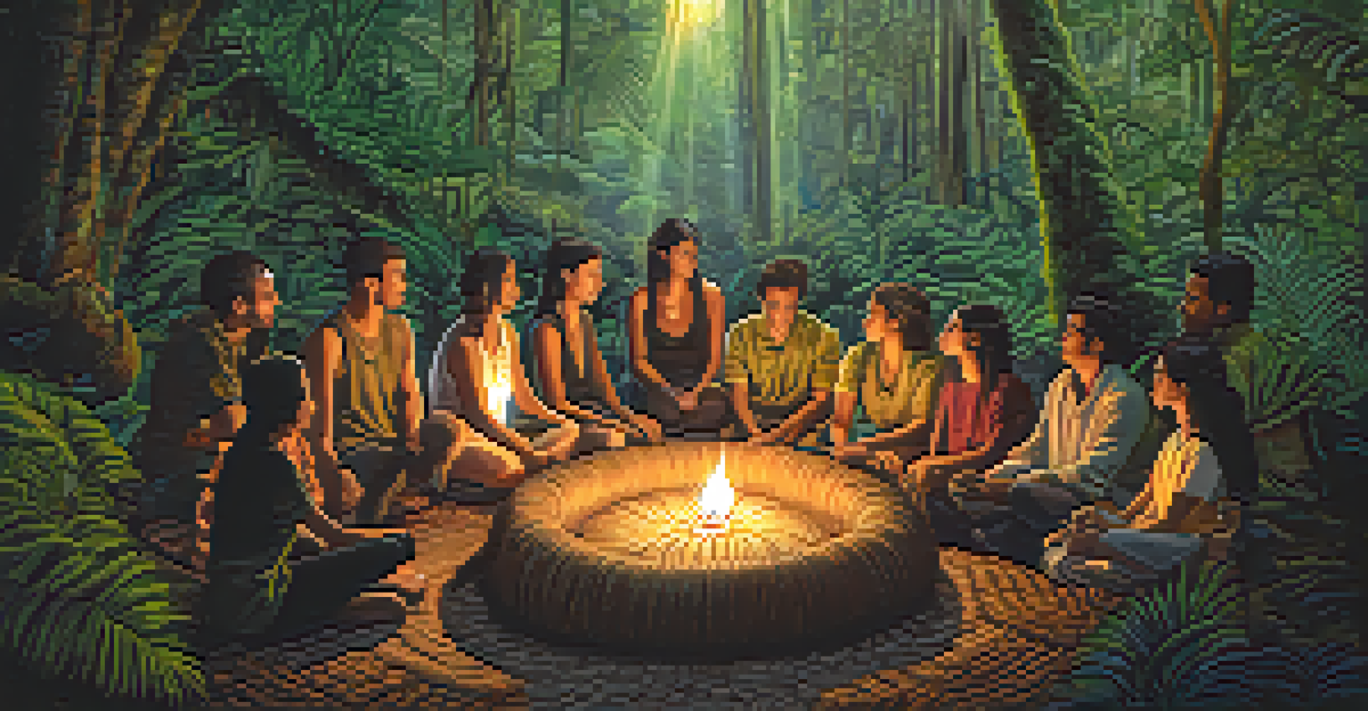 Participants in an Ayahuasca ceremony sitting in a circle in the rainforest, illuminated by candles, conveying a sense of community and connection.