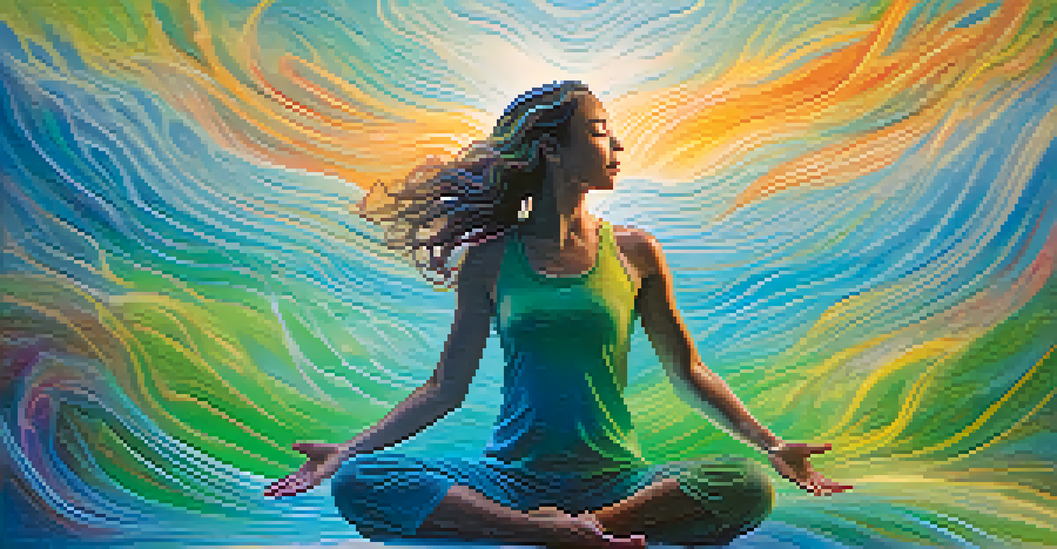 Artistic representation of a person exhaling with colorful energy waves in a calming gradient background, symbolizing breathwork and mindfulness.