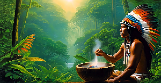 An Indigenous shaman in a colorful feather headdress prepares Ayahuasca in a wooden bowl amidst a misty Amazonian rainforest at dawn.