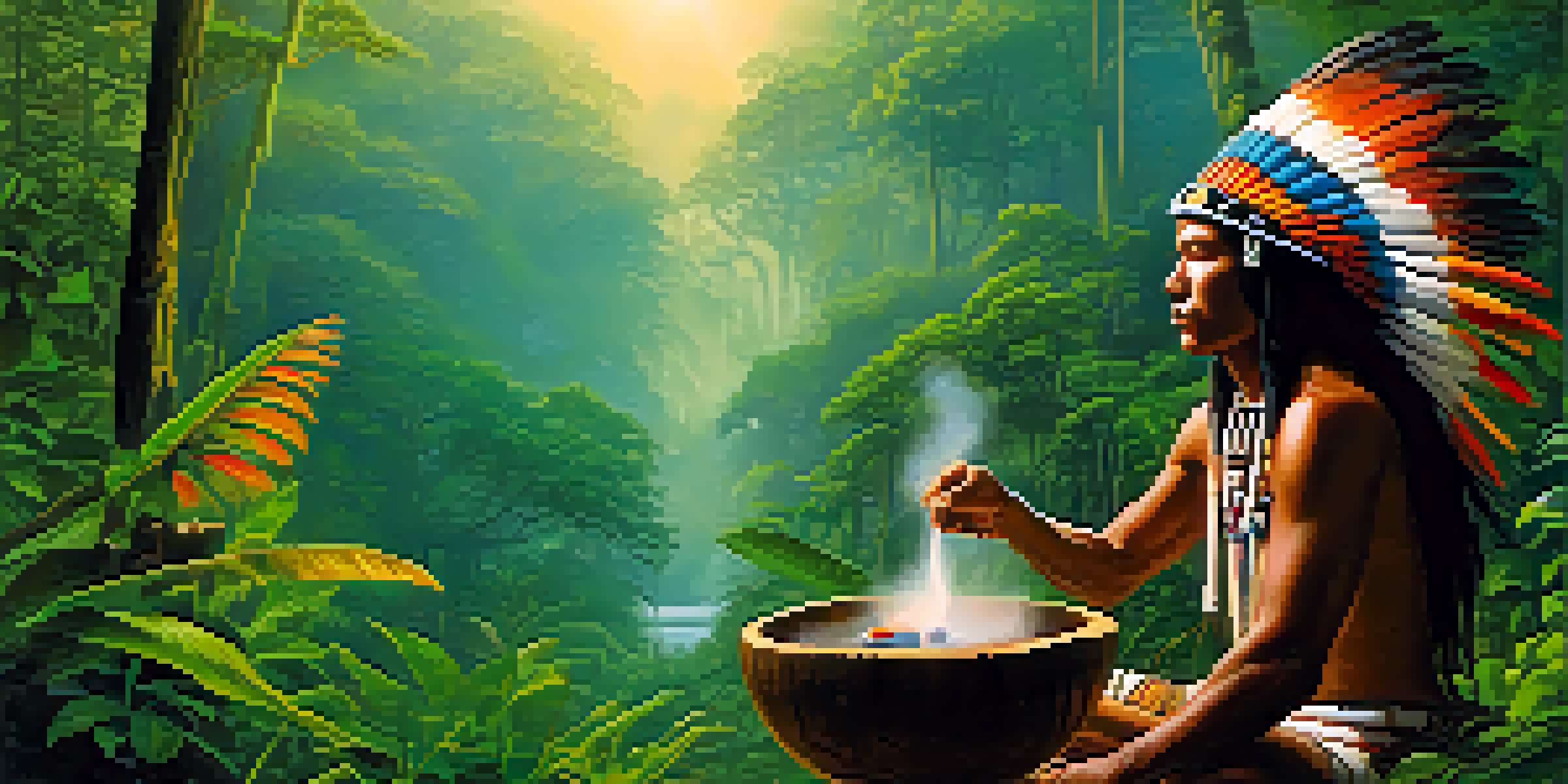An Indigenous shaman in a colorful feather headdress prepares Ayahuasca in a wooden bowl amidst a misty Amazonian rainforest at dawn.