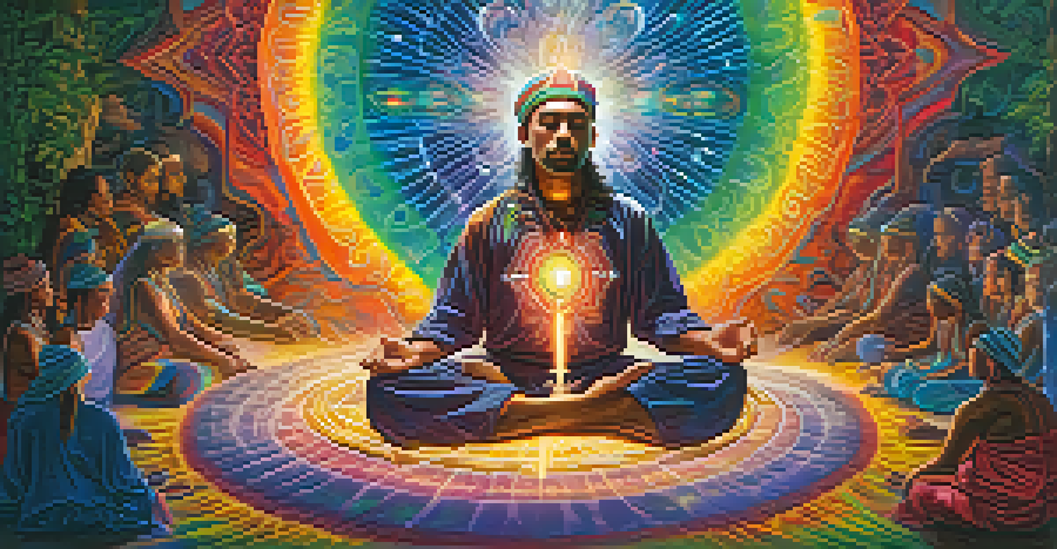 A participant in an ayahuasca ceremony experiencing a vision, surrounded by vibrant colors and symbols of nature and spirituality, illuminated by soft light.