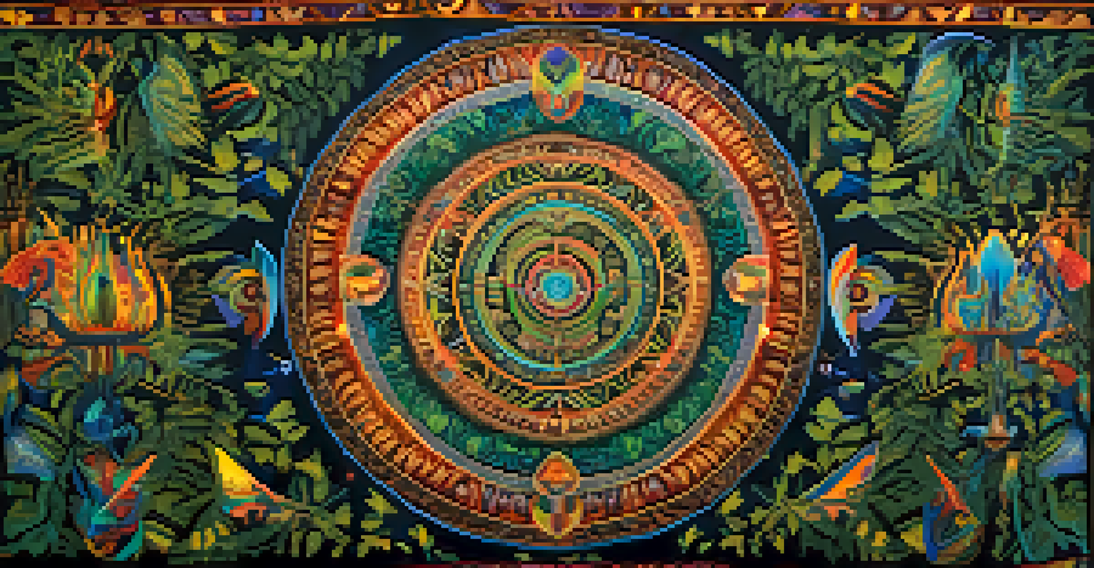 An intricate tapestry with spiritual symbols and nature motifs in an Ayahuasca ceremony setting.