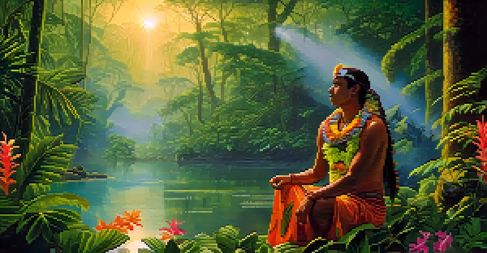An indigenous couple in traditional attire preparing Ayahuasca in a misty Amazon rainforest at dawn, surrounded by vibrant flora and soft golden light.