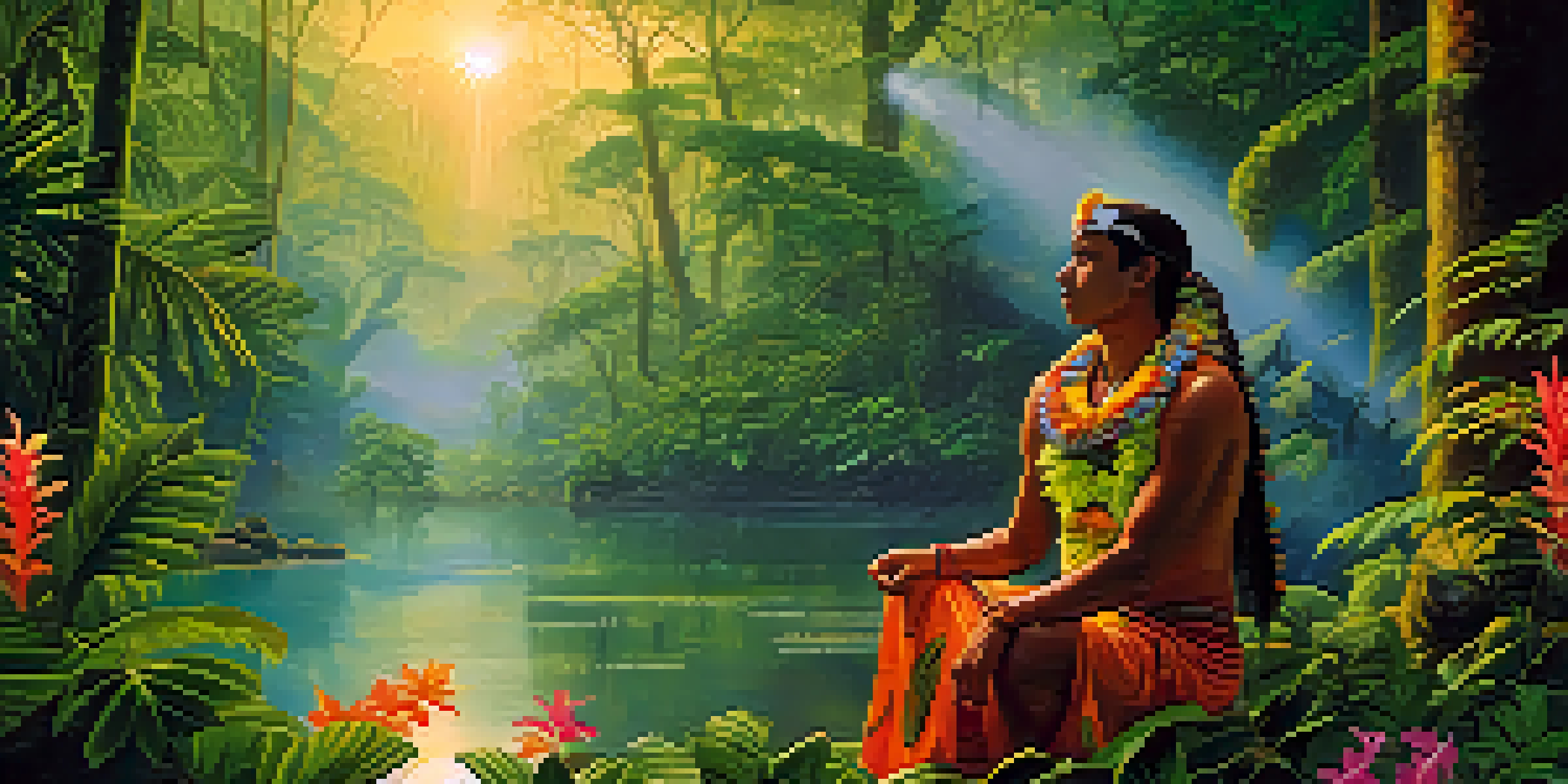 An indigenous couple in traditional attire preparing Ayahuasca in a misty Amazon rainforest at dawn, surrounded by vibrant flora and soft golden light.