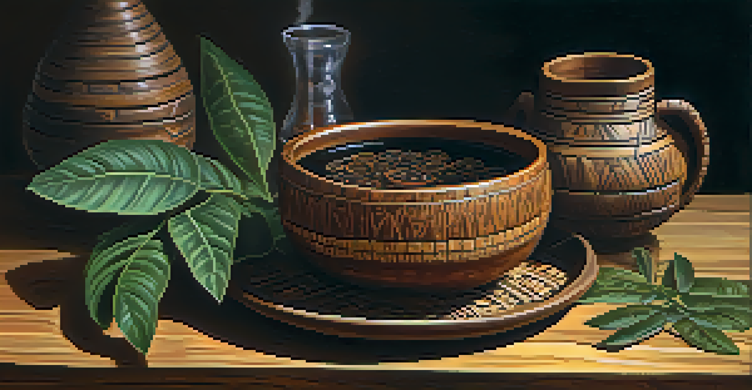 A wooden cup filled with Ayahuasca brew on a rustic table, surrounded by indigenous plants and artifacts.