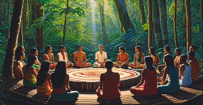 Participants in a circle during an Ayahuasca ceremony in a rainforest, surrounded by trees and sunlight.