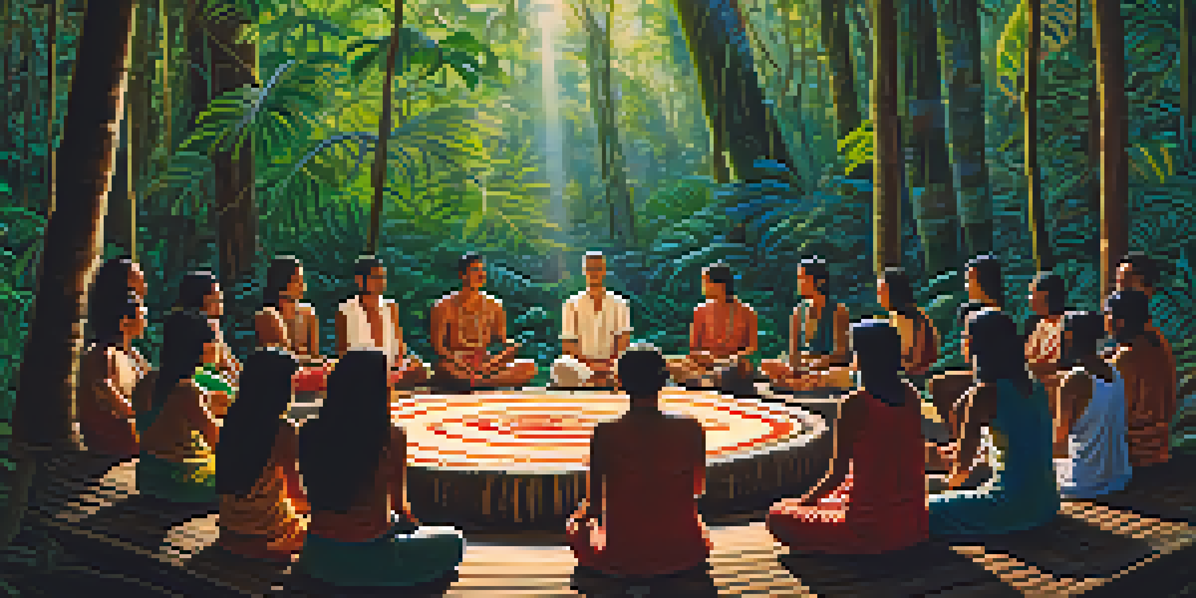 Participants in a circle during an Ayahuasca ceremony in a rainforest, surrounded by trees and sunlight.