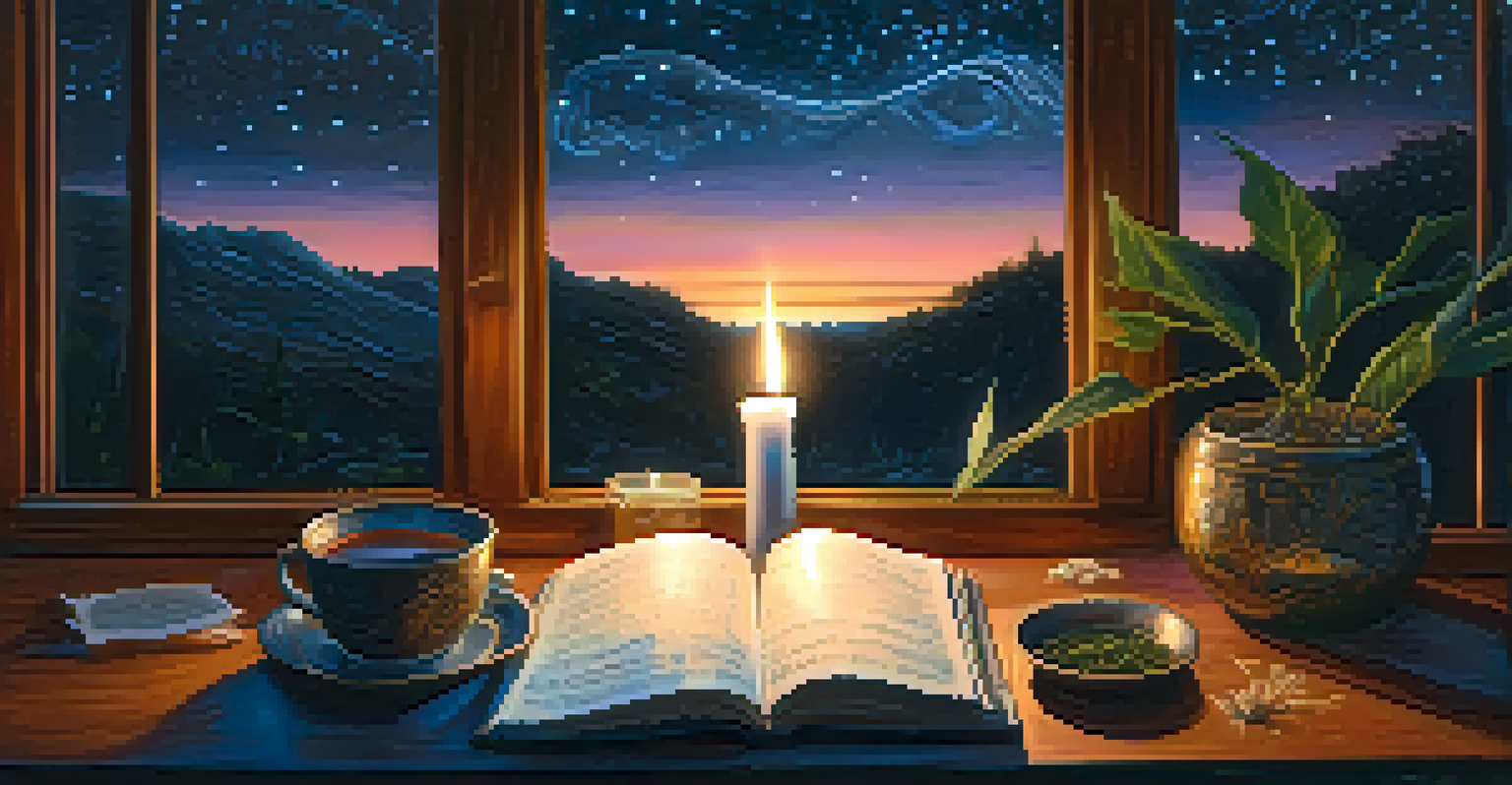 A person journaling with a candlelight setting after an Ayahuasca ceremony, surrounded by notes and a starry night view.