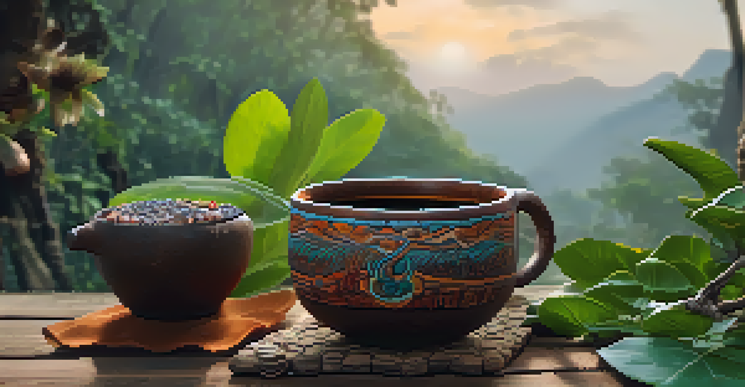 A close-up of ayahuasca brew in a ceramic cup, surrounded by natural elements like leaves and flowers.