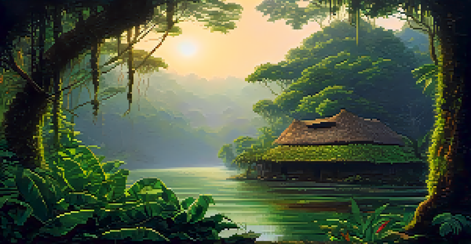 A tranquil Amazon rainforest scene at dawn with mist and sunlight, featuring an Ayahuasca brew on a wooden table surrounded by tropical flowers.