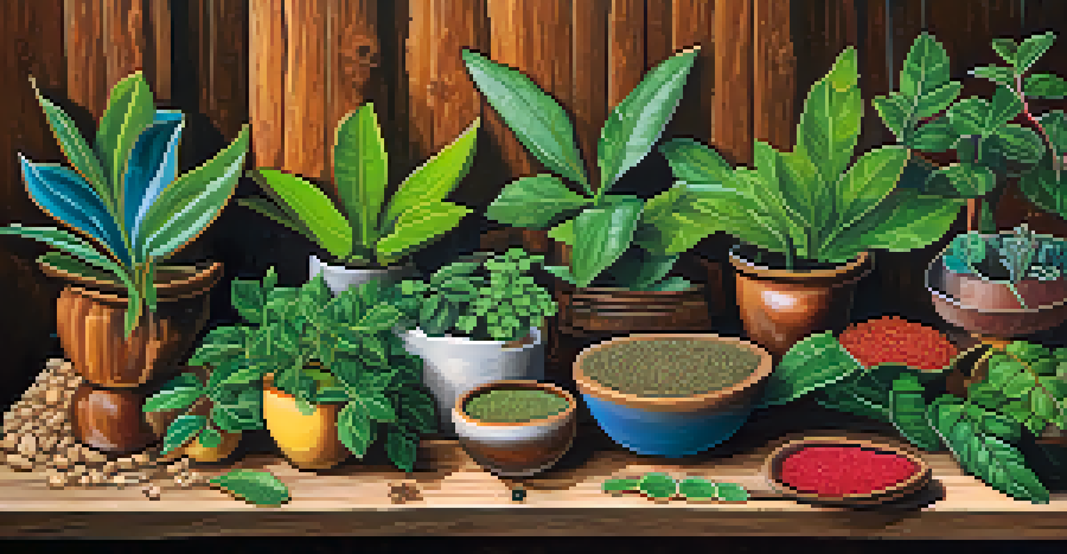 A close-up of plants used in Ayahuasca brews displayed on a wooden table, showcasing their vibrant colors.