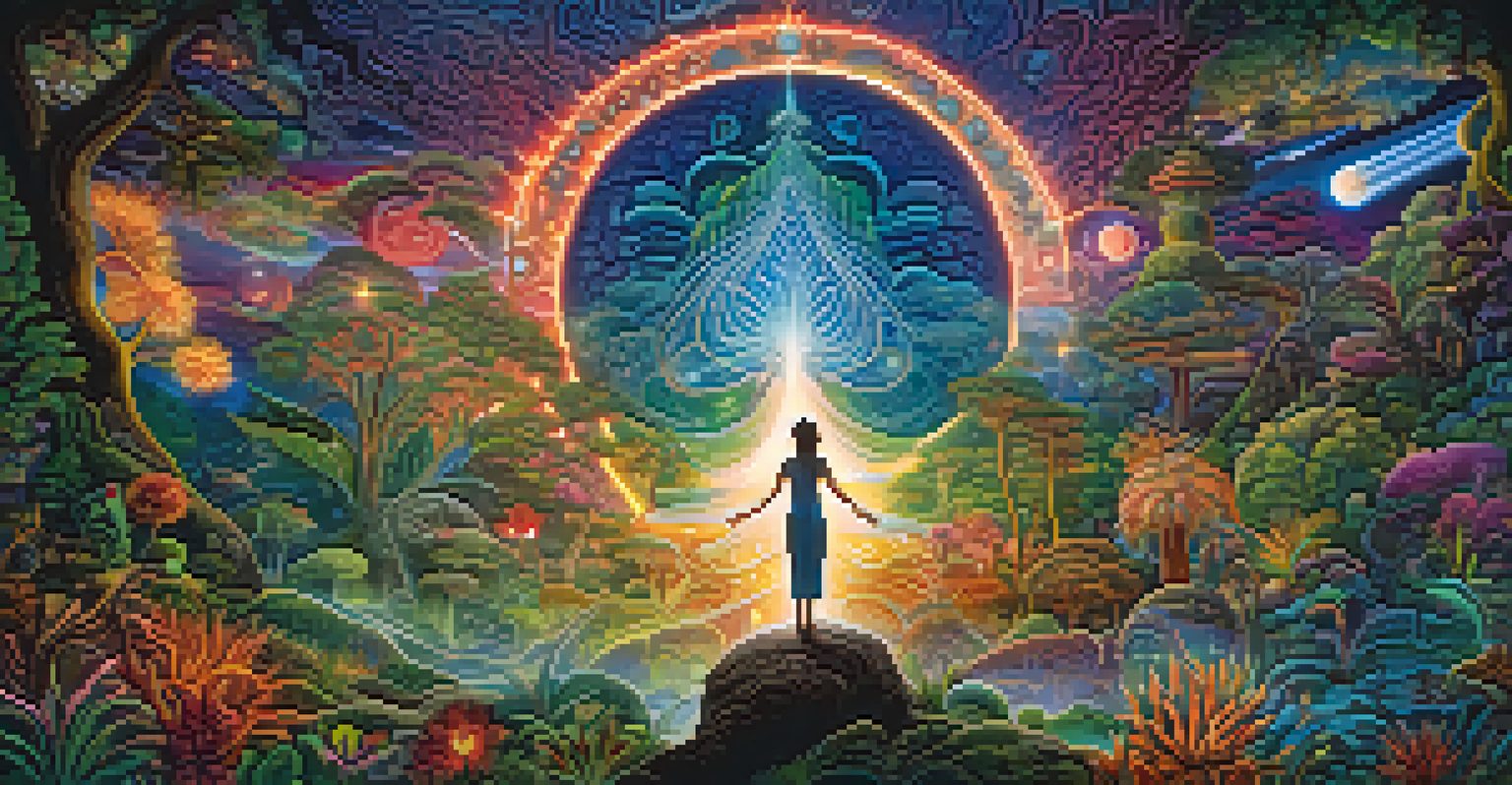 A surreal landscape depicting a figure standing with arms outstretched, surrounded by swirling patterns of light and color that represent interconnectedness with the cosmos and nature.