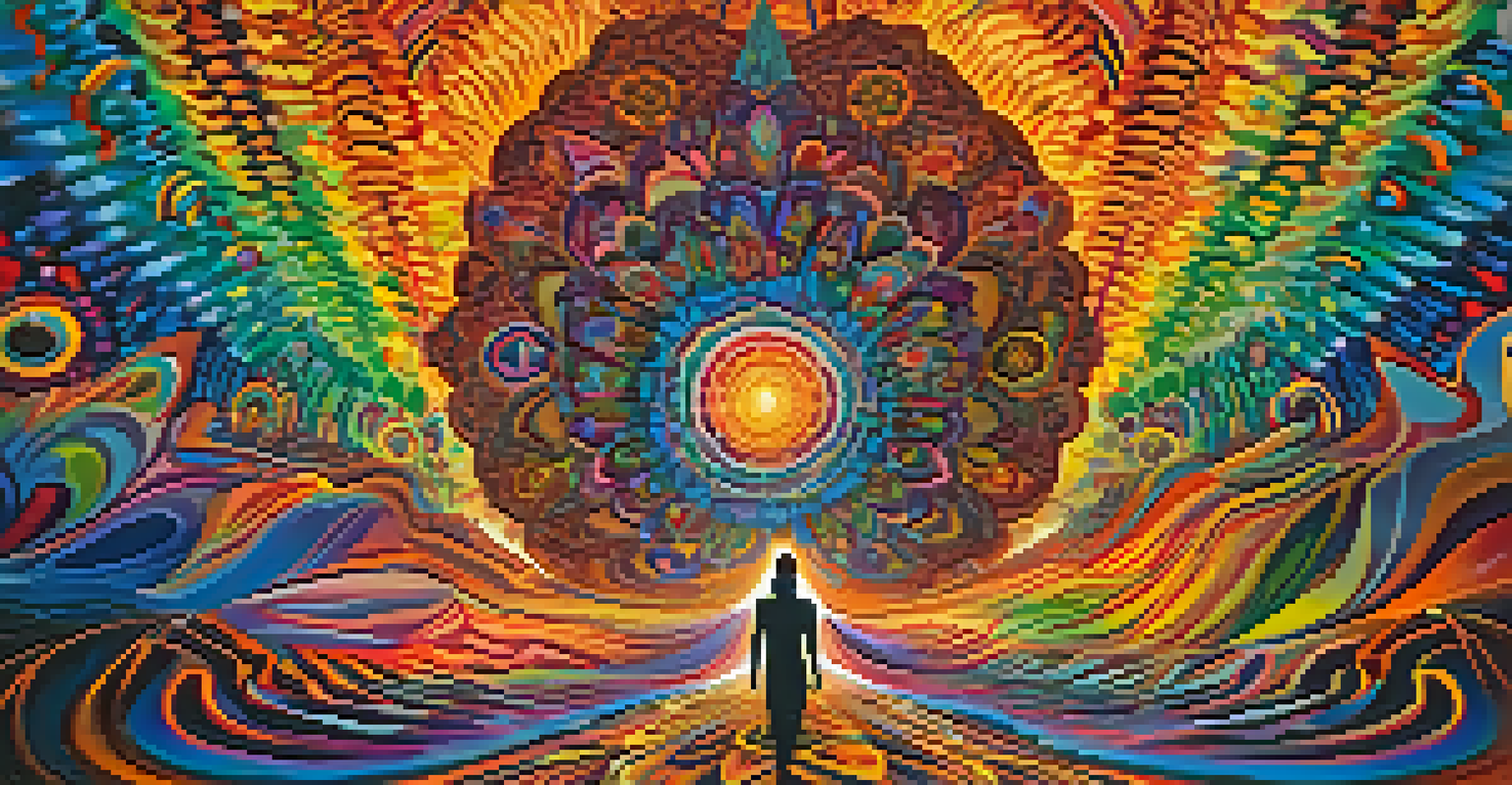 An artistic representation of a psychedelic journey with vibrant colors and abstract shapes surrounding a silhouette of a person, symbolizing transformation and emotional insights.