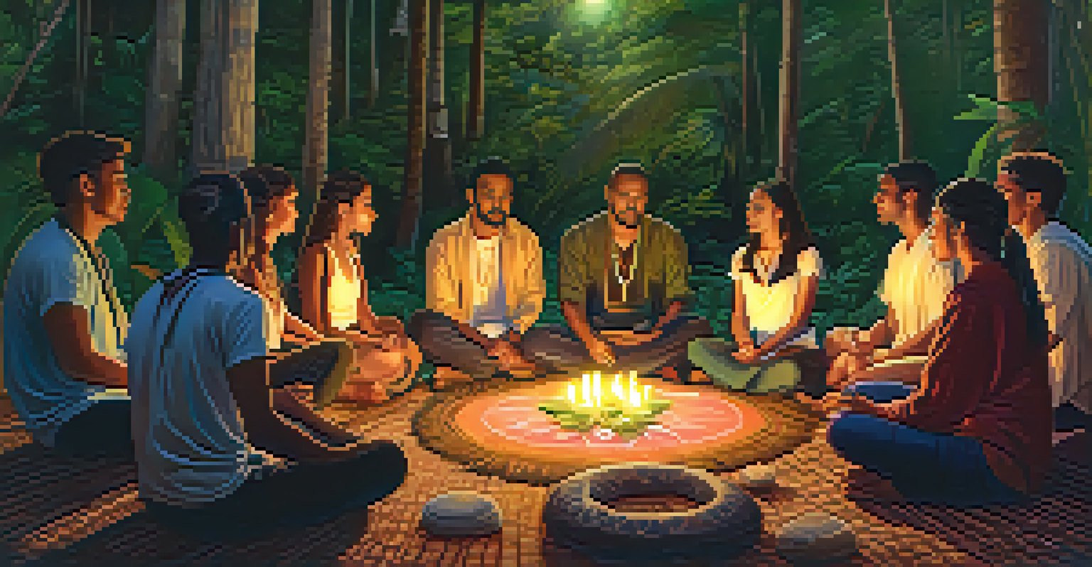 A diverse group of people in a circle during an Ayahuasca ceremony, illuminated by candlelight, deep in reflection.
