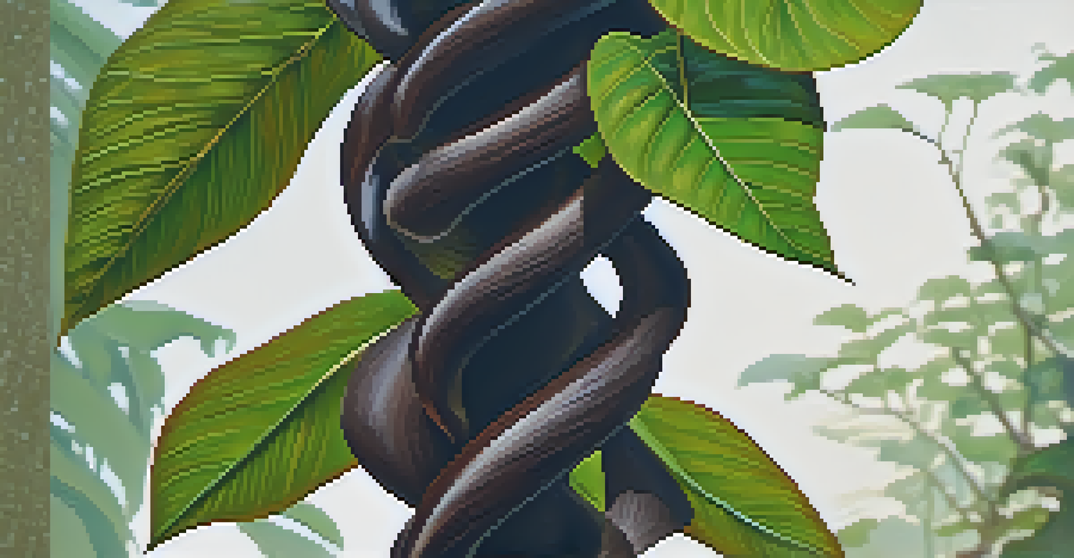 A detailed close-up of the Banisteriopsis caapi vine in the Amazon rainforest, highlighting its twisted form and rich colors.