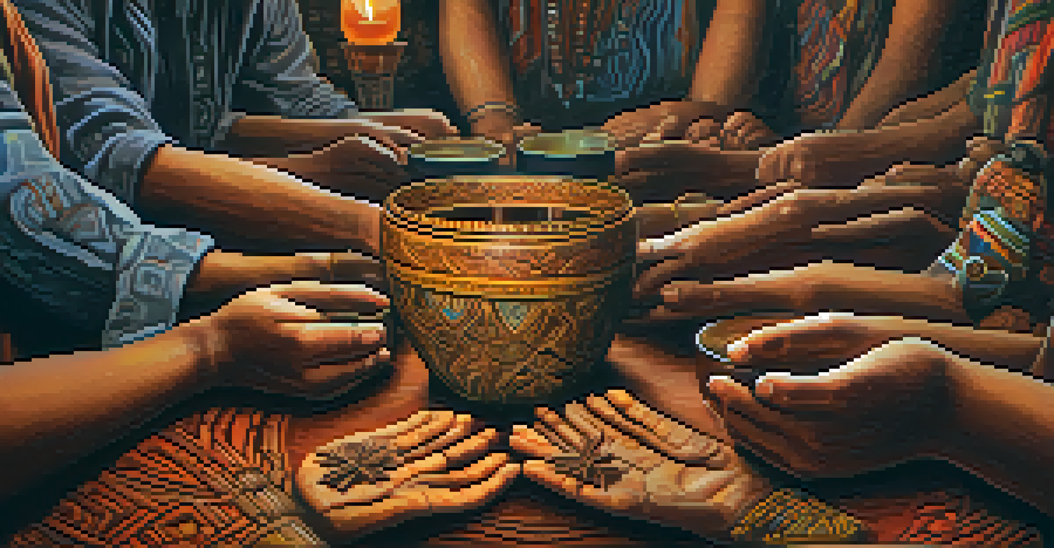 Close-up of hands holding a traditional Ayahuasca brew in a rustic cup, with blurred images of participants gathered in a supportive environment in the background.