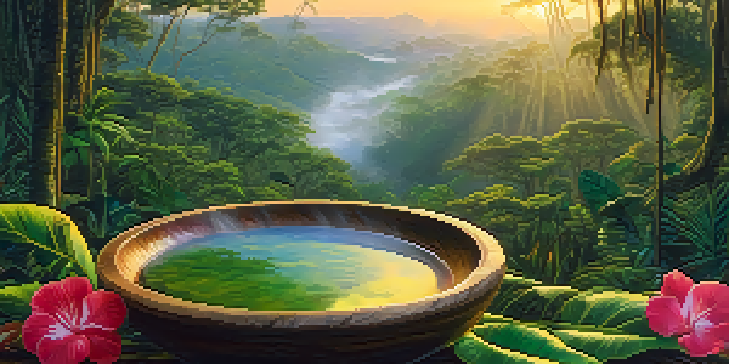 A peaceful Amazon rainforest at sunrise with a traditional Ayahuasca brew in a wooden bowl surrounded by colorful flowers and leaves.