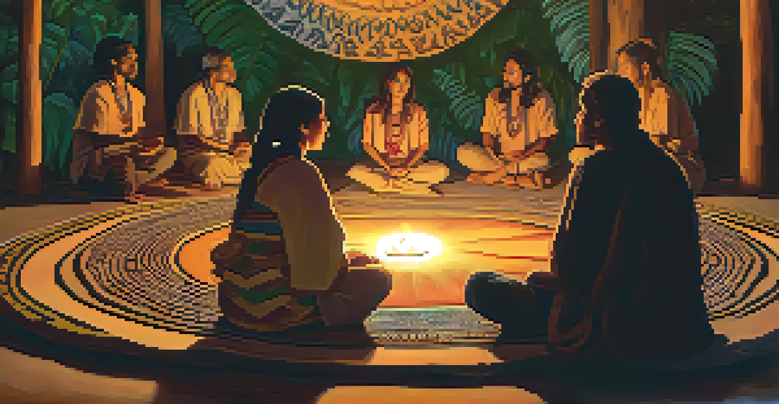 A group of participants in a circle during an ayahuasca ceremony, illuminated by soft candlelight with a shaman at the center guiding them.