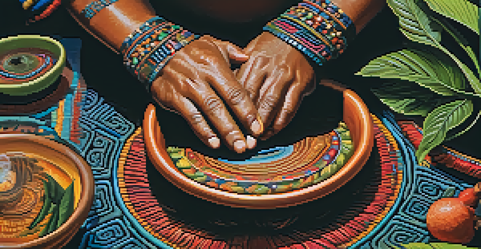 A close-up of a shaman preparing Ayahuasca, highlighting the hands and vibrant native artwork in the background.