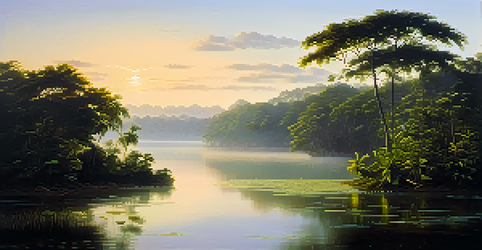 A peaceful Amazon rainforest at sunrise with a river and mist rising above the water, illuminated by soft golden light.