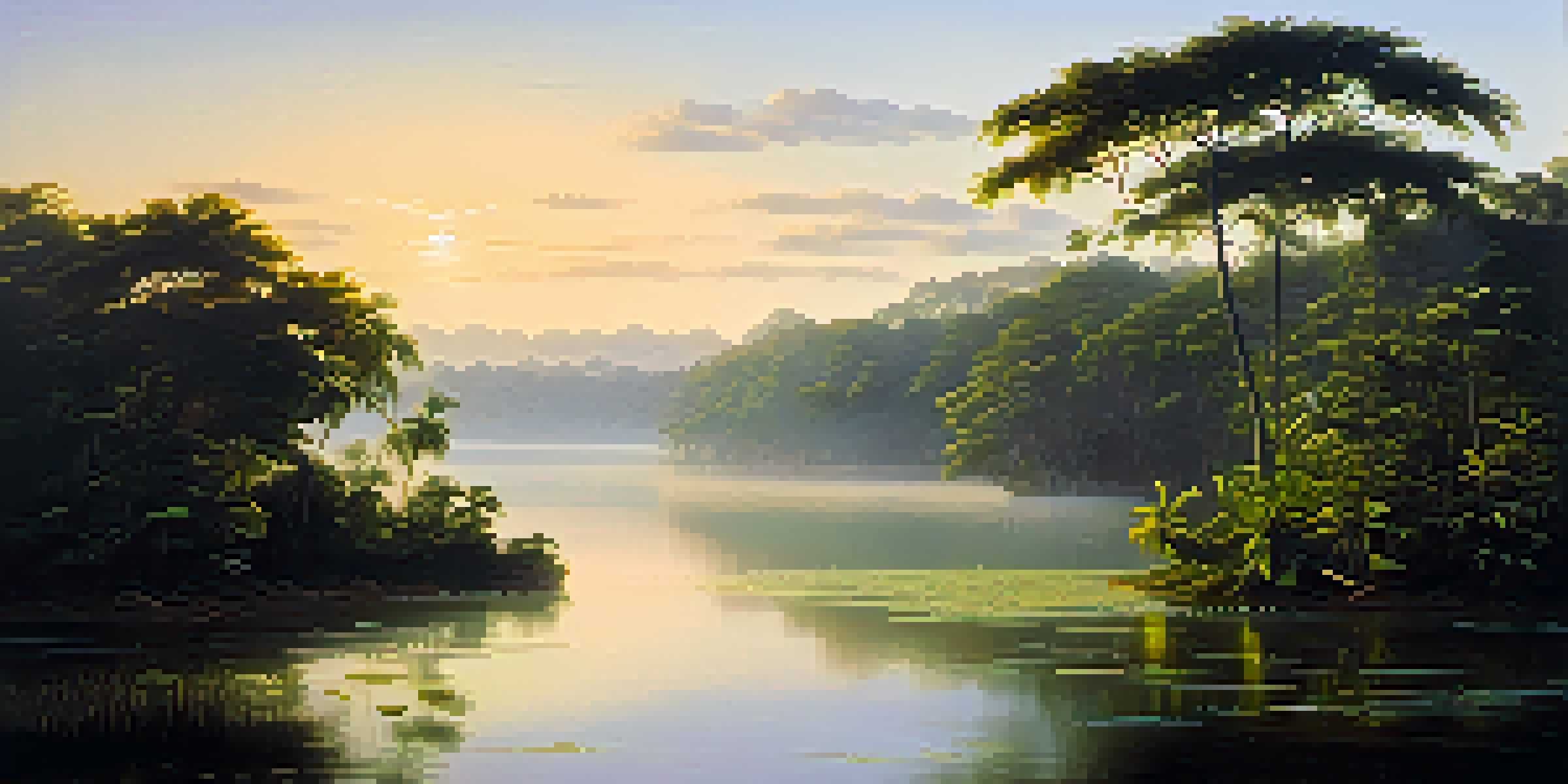 A peaceful Amazon rainforest at sunrise with a river and mist rising above the water, illuminated by soft golden light.