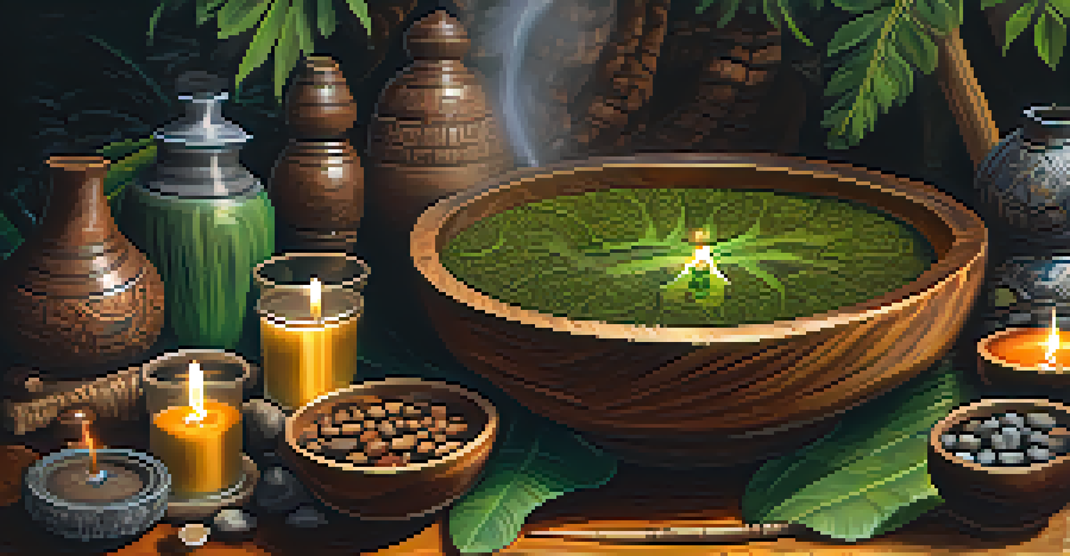 Close-up of an Ayahuasca brew in a wooden bowl surrounded by nature, with a blurred shamanic altar in the background.