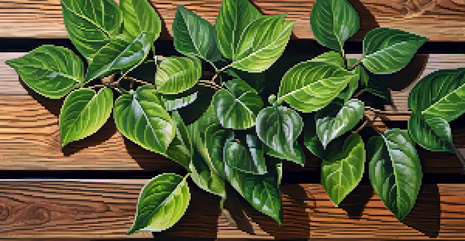 A close-up of the Banisteriopsis caapi vine and Psychotria viridis leaves on a wooden surface, showcasing their textures and details in natural light.