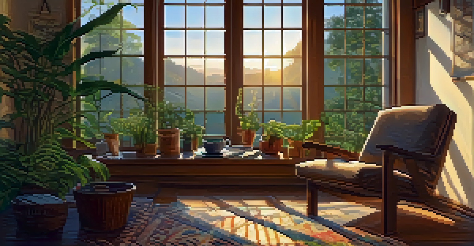 A cozy space for integrating Ayahuasca insights, featuring a comfortable chair, a journal, and a sunrise visible through a window.