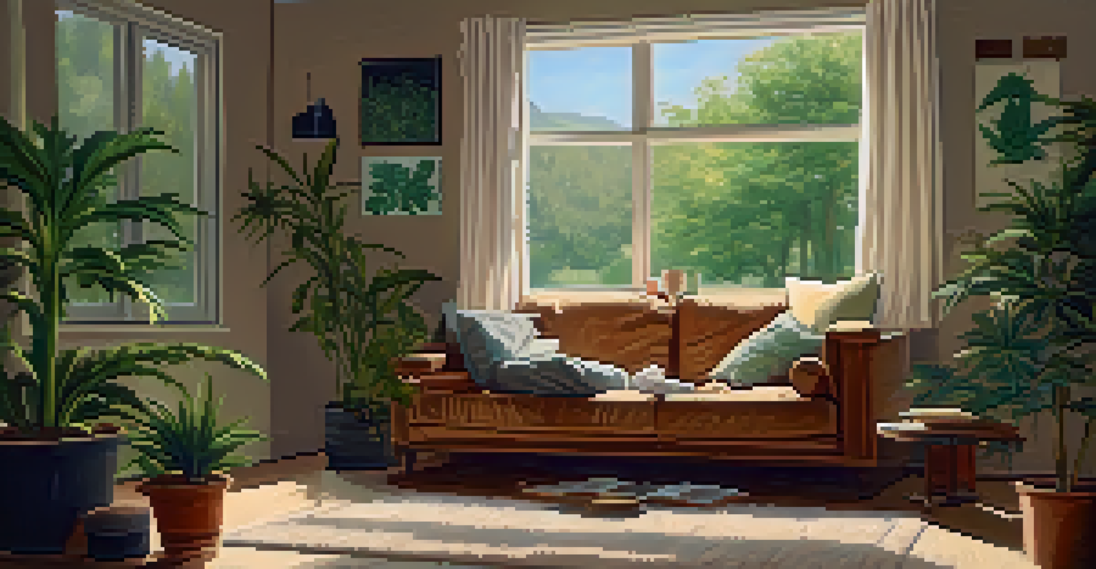 A person relaxing on a sofa in a cozy room, using cannabis, surrounded by plants and calming decor.