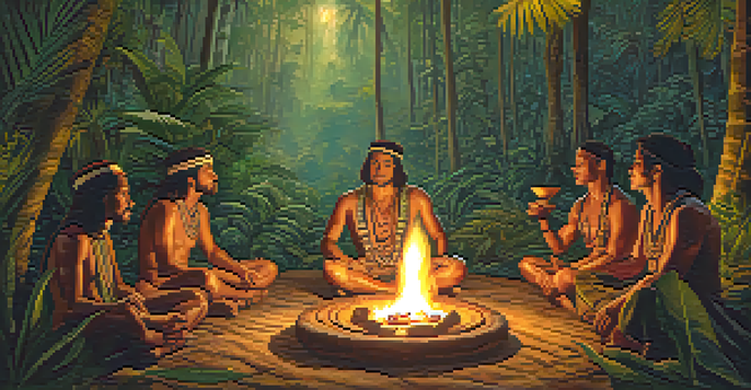 A peaceful Ayahuasca ceremony in the Amazon rainforest with participants gathered around a fire, led by a traditional shaman.