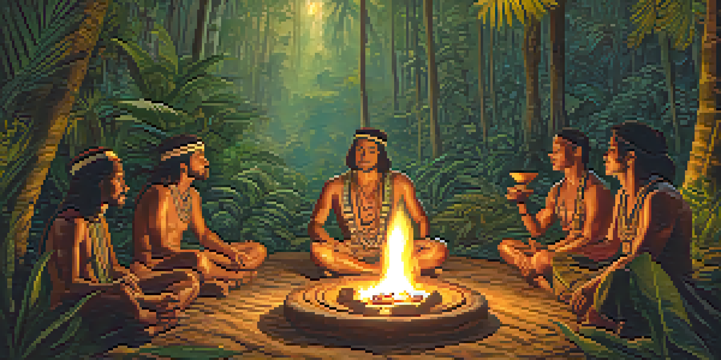 A peaceful Ayahuasca ceremony in the Amazon rainforest with participants gathered around a fire, led by a traditional shaman.