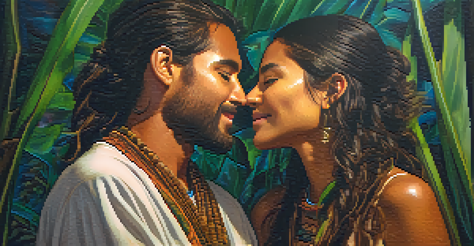 A close-up of two individuals during an Ayahuasca ceremony, one comforting the other, with emotional expressions and a warm, blurred background.
