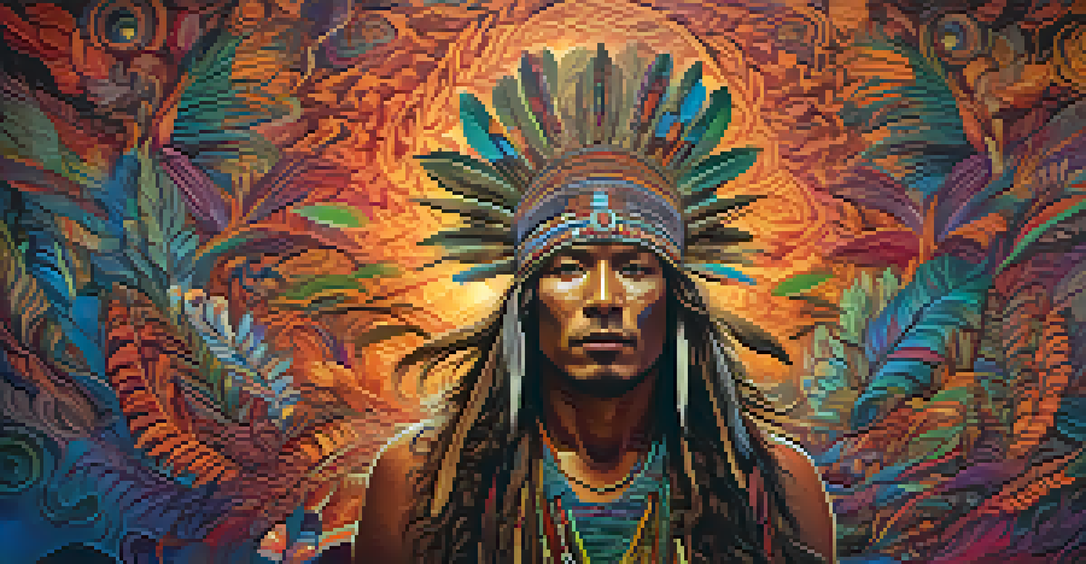An artistic depiction of a shaman leading participants through an Ayahuasca journey, with vibrant colors and abstract shapes representing visions.